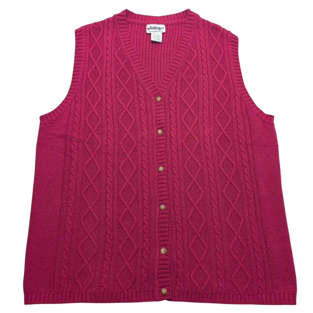 Y2K National Sweater Vest Womens XL Cable Knit Button Front V-Neck Sleeveless